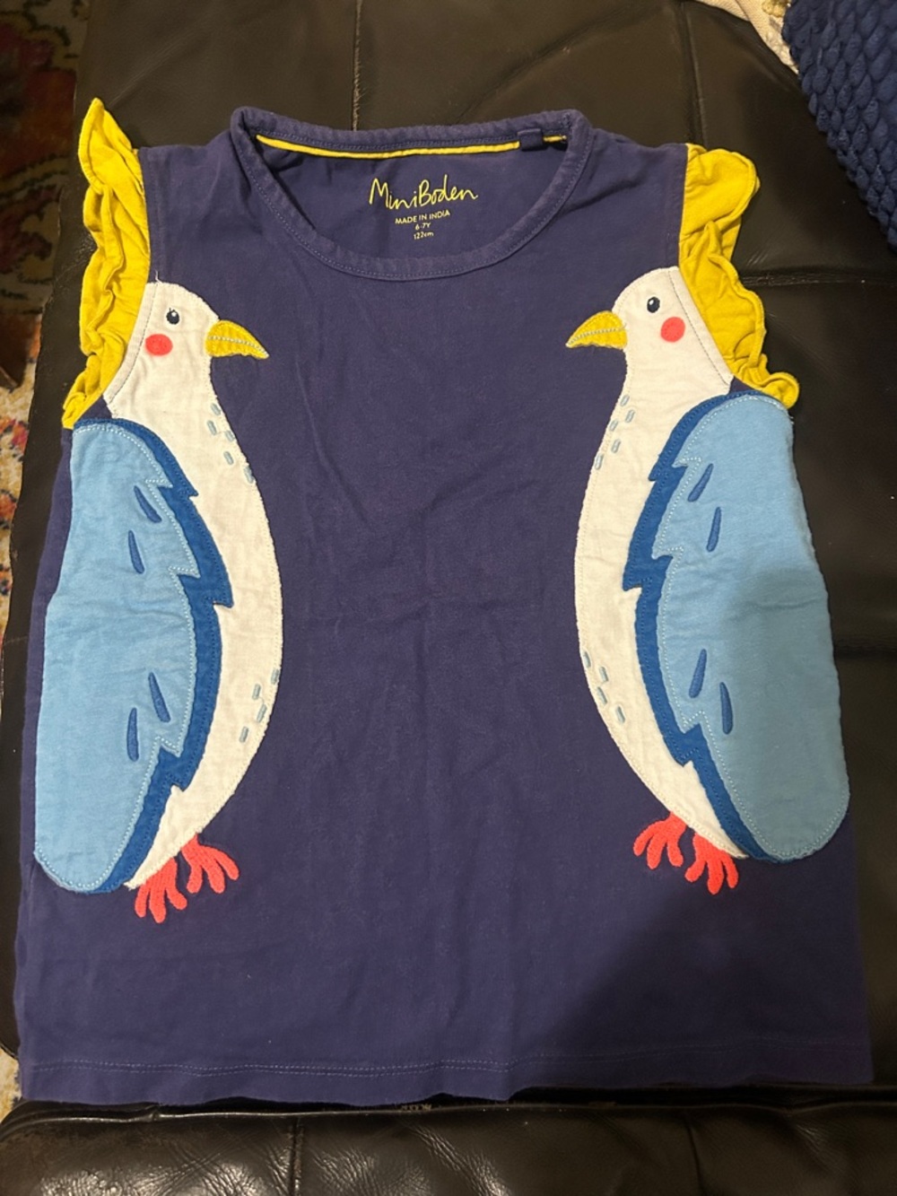 Mini Boden Navy Tank Top with Seagull Appliqués and Yellow Ruffles